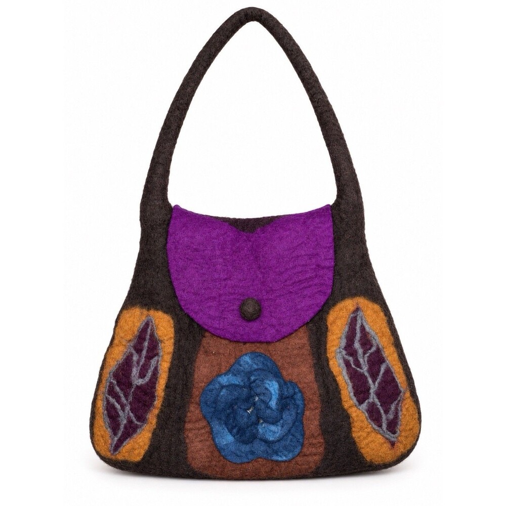 Rising Tide Felt Shoulder Bag Purple Brown 3D Flower Leaf Appliqué Boho Y2K